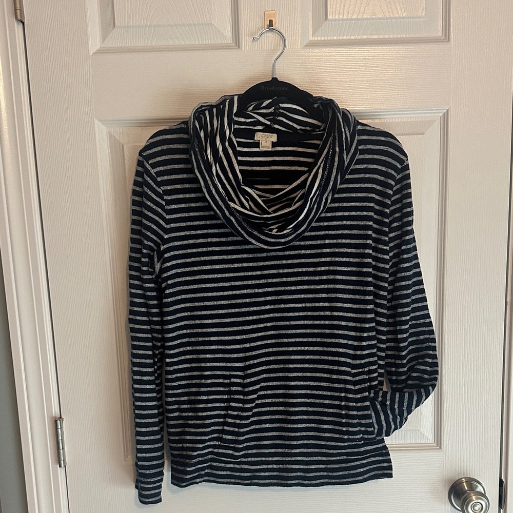 J. Crew Navy and White Striped Cowl Neck Sweater